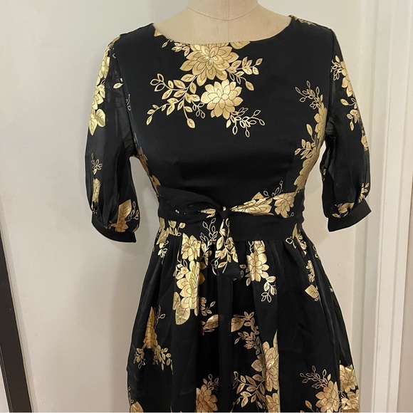 SHEIN Modely Gold Floral Print Lantern Sleeve Belted Dress Size S - Picture 10 of 12